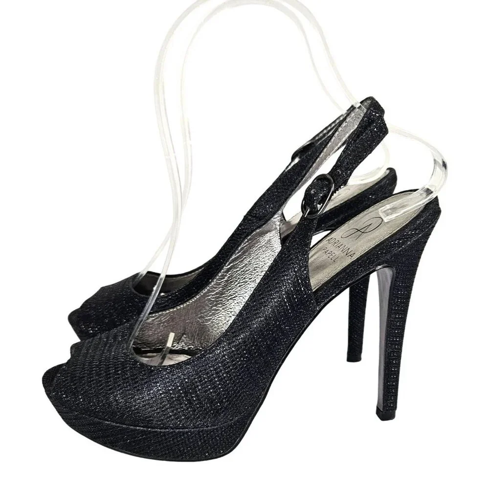 Adrianna Papell Womens Size 7 Black Glitter Peep Toe Slingback High Heels 4.5